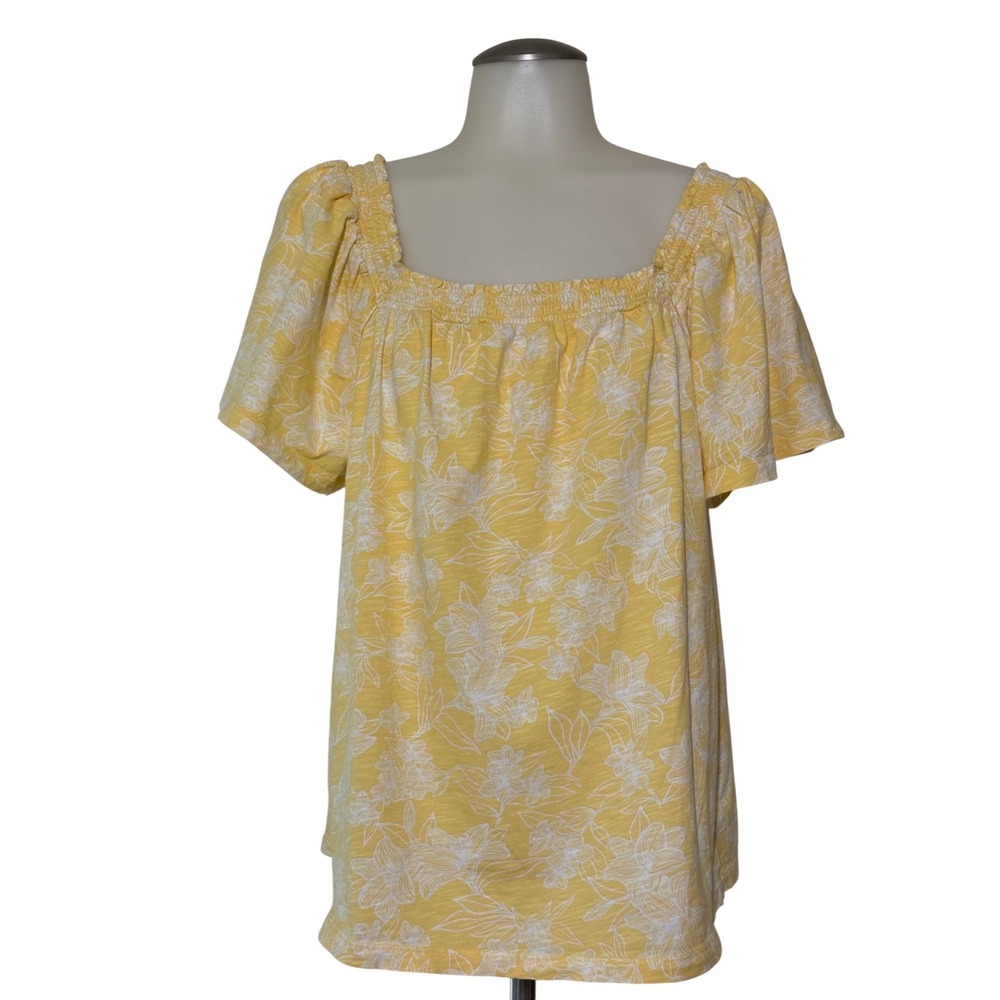 St. John's Bay Floral Square Neck Top Women XL Yellow Boho Cotton Excellent Cool